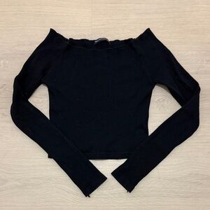 Brandy Melville Black Ribbed Off-the-Shoulder Long Sleeve Crop Top